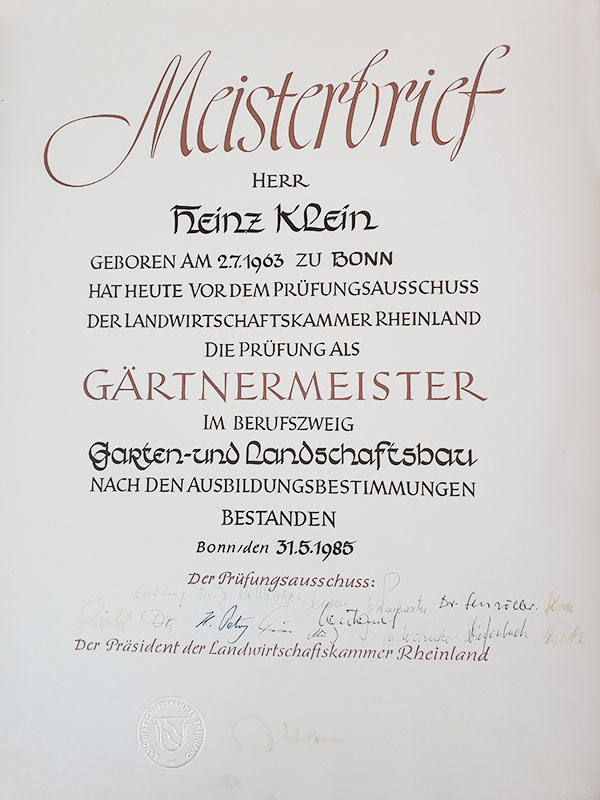 Meisterbrief Heinz Klein